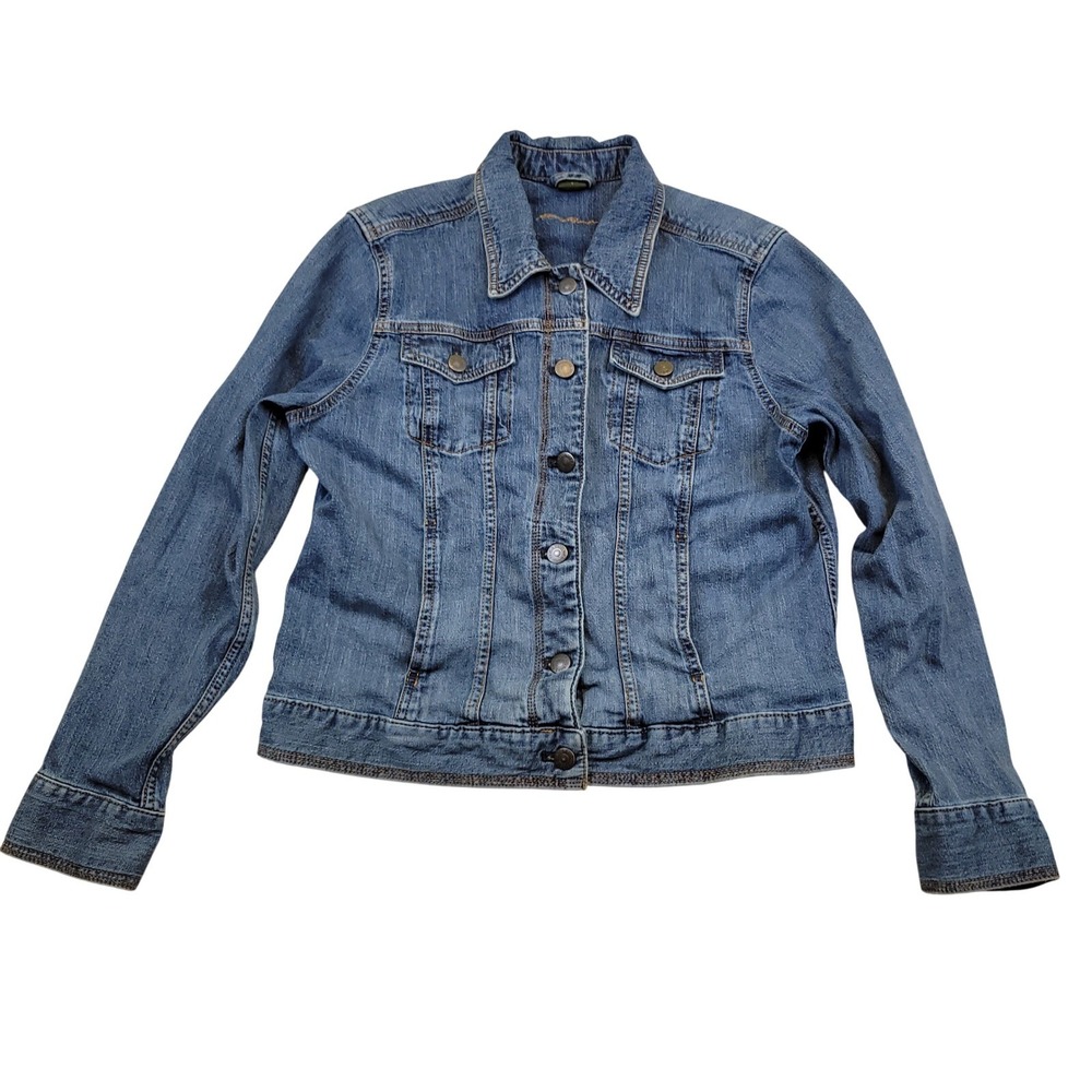 Vintage Style Eddie Bauer Women's L Classic Denim Trucker Fit Jacket Medium Wash